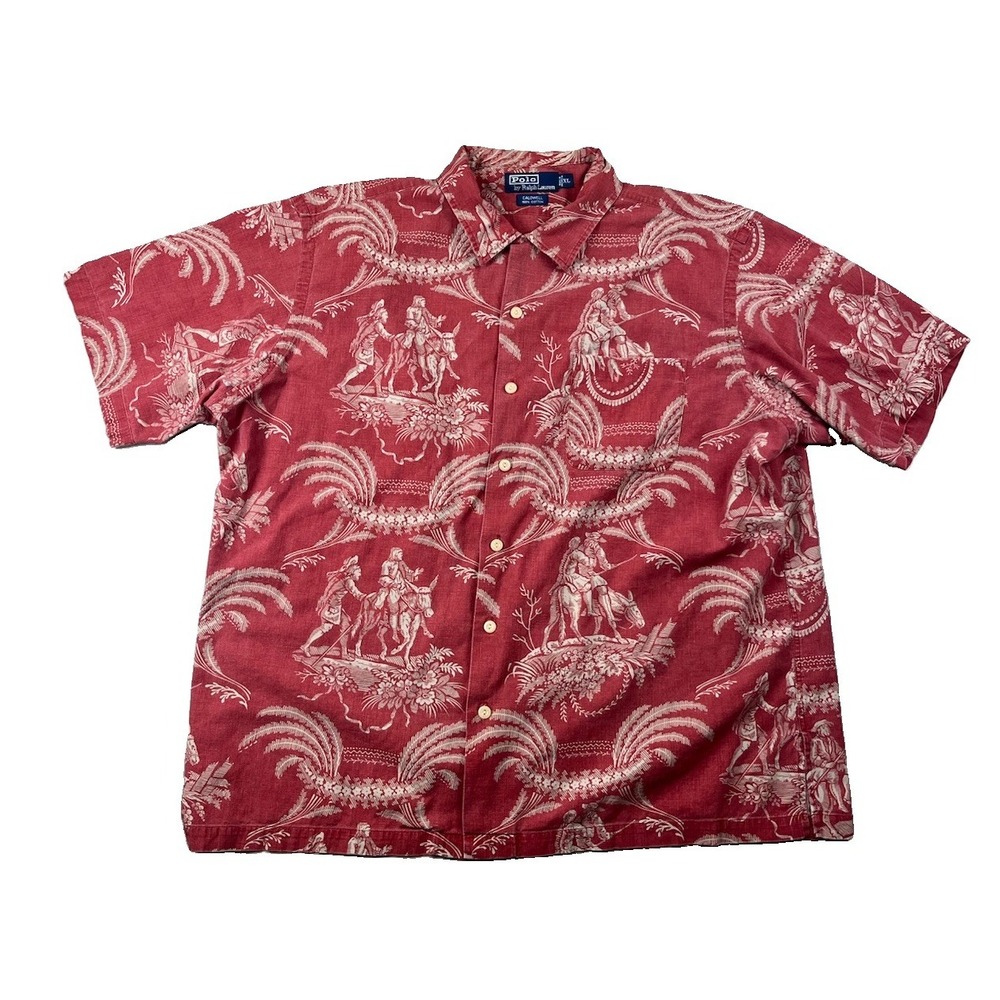 Polo Ralph Lauren Shirt Mens XL Red Caldwell Camp Loop Collar Vintage Toile